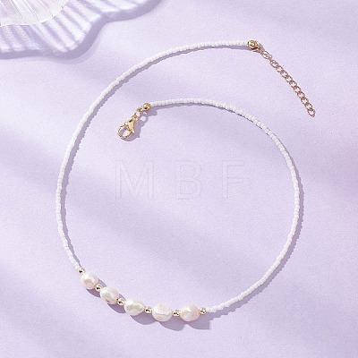 Natural Cultured Freshwater Pearl Two Sides Polished and Glass Seed Beaded Necklaces NJEW-JN05732-1