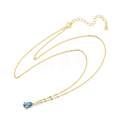 925 Sterling Silver Sapphire Rhinestone Teardrop Pendant Necklace for Women NJEW-V013-01G-1