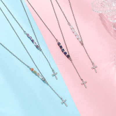 Natural & Synthetic Mixed Stone Faceted Cube Beads & 304 Stainless Steel Cable Chain Tassel Cross Pendant Necklaces NJEW-JN05845-1