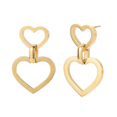 304 Stainless Steel Double Heart Dangle Stud Earrings for Women EJEW-N016-015LG-1