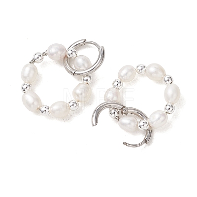 Natural Freshwater Pearl & Synthetic Hematite Bead & 202 Stainless Steel Hoop Earrings EJEW-JE07228-1