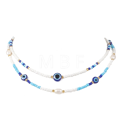 2Pcs 2 Styles Natural Pearl & Blue Resin Evil Eye & Glass Seed Beaded Necklaces for Women NJEW-MZ00152-1
