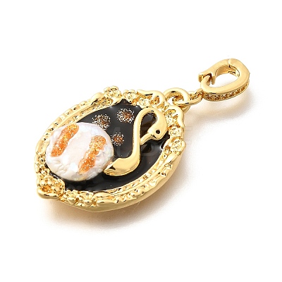 Brass Black Enamel Oval Pendants with Glitter Powder KK-K398-15G-1