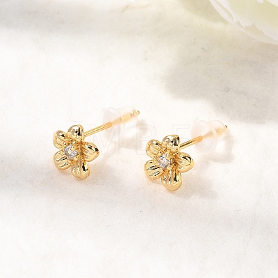 Brass Micro Pave Clear Cubic Zirconia Flower Stud Earrings EJEW-C158-17B-G-1