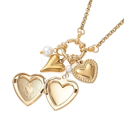 Heart Stainless Steel Locket Pendant Necklaces with Shell Pearl for Women NJEW-JN05954-1