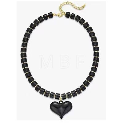 Resin and Plastic Heart Pendant Rondelle Beaded Necklaces with Alloy End Chains FS-WG415CE-06-1