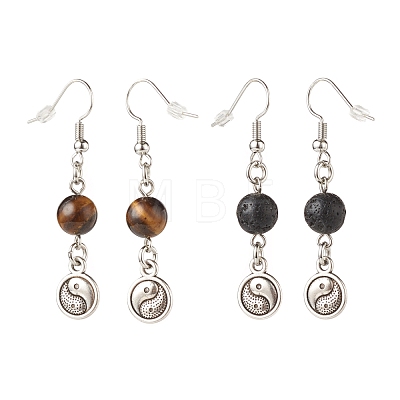 2Pair 2 Style Natural Lava Rock & Tiger Eye with Yin Yang Long Dangle Earrings EJEW-JE04962-01-1