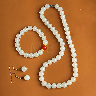 Natural Golden Silk Jade Round Beaded Necklaces & Beaded Bracelets & Dangle Earrings Sets WGE6446-15-1