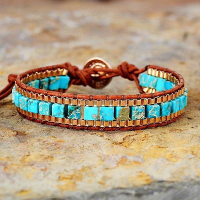 Dyed Natural Imperial Jasper & Cowhide Leather Beaded Braided Bead Bracelets FS-WGEDC06-01-1