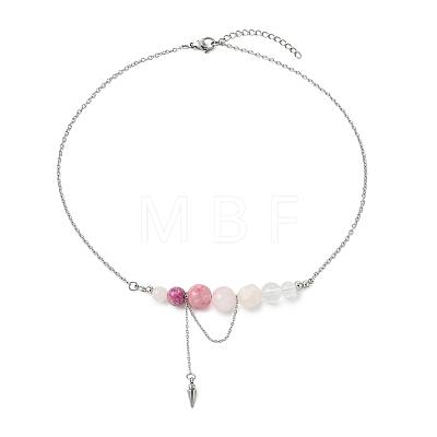 Natural Rose Quartz & Dyed Imperial Jasper & Quartz Crystal & Green Jade Round Graduated Beaded Pendant 304 Stainless Steel Cable Chain Necklaces for Women NJEW-TA00242-04-1