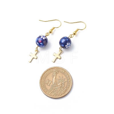Resin Round Bead with Cross Dangle Earrings EJEW-JE05056-1