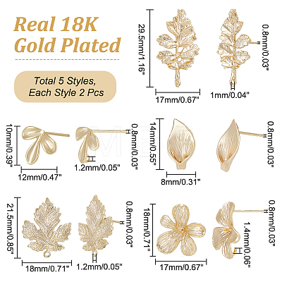 10Pcs 5 Style Brass Stud Earring Findings KK-CA0002-05-1