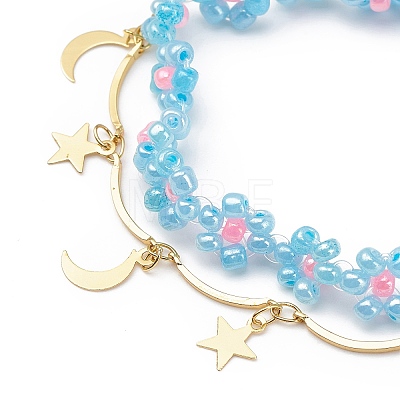 Brass Moon and Star Charms & Seed Flower Double Layer Multi-strand Bracelet for Women BJEW-JB08848-1