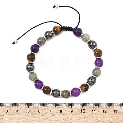 Adjustable Natural Labradorite and Tiger Eye and Non-Magnetic Synthetic Hematite Round Braided Bead Bracelets for Womne BJEW-JB13590-1
