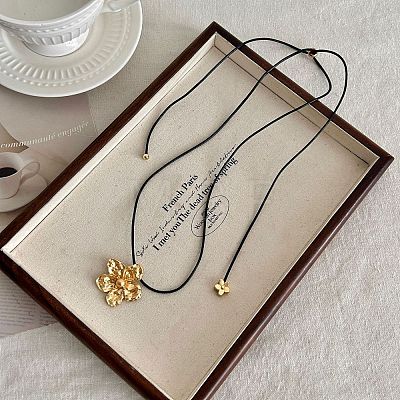Alloy Resin Flower Pendant Black Waxed Cord Adjustable Long Necklaces for Women WG1FF70-02-1