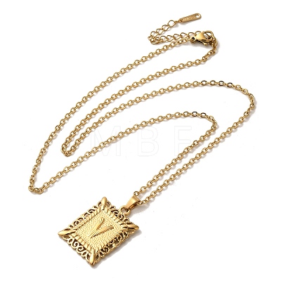 201 Stainless Steel Cable Chain Rectangle with Letter Pendant Necklaces NJEW-M070-01G-V-1