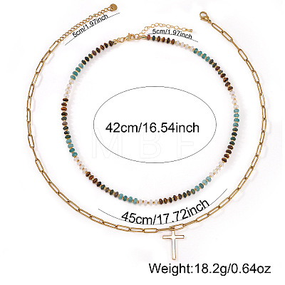 Stainless Steel Religion Cross Pendant Colorful Natural Mixed Gemstone Rondelle Beaded Double Layer Necklaces for Women KG2971-1