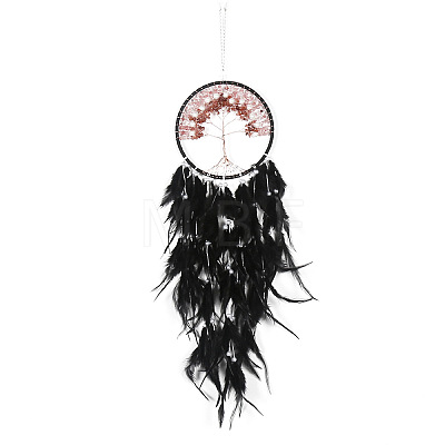 Iron Natural Rose Quartz Woven Web/Net with Feather Pendant Decorations PW-WG17623-01-1