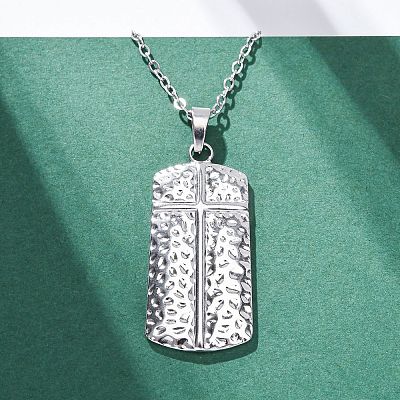 Texture Rectangle with Cross 304 Stainless Steel Pendant Necklaces NJEW-H059-12P-1