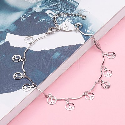 304 Stainless Steel Peace Sign Charm Anklets AJEW-AN00394-02-1