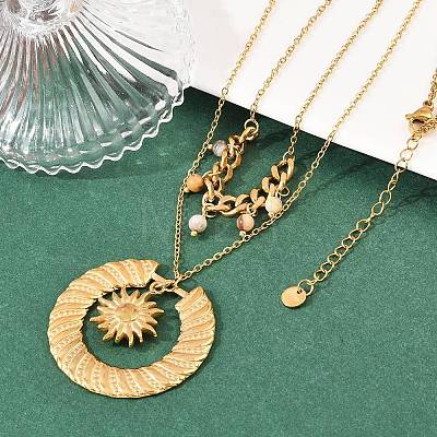 304 Stainless Steel Sun and Round Natural Crazy Agate Pendant Double Layer for Women NJEW-K252-13G-1