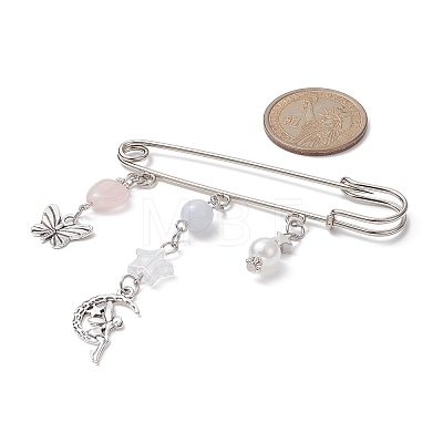 Natural Mixed Gemstone Heart & Fairy & Butterfly Charms Safety Pin Brooch JEWB-BR00102-1