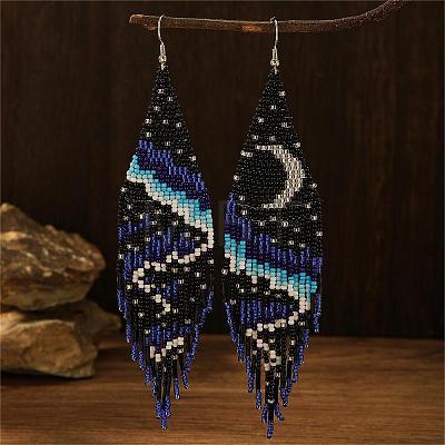 Bohemian Style Handmade Beaded Dangle Earrings with Moon and Aurora Pattern RP4576-1