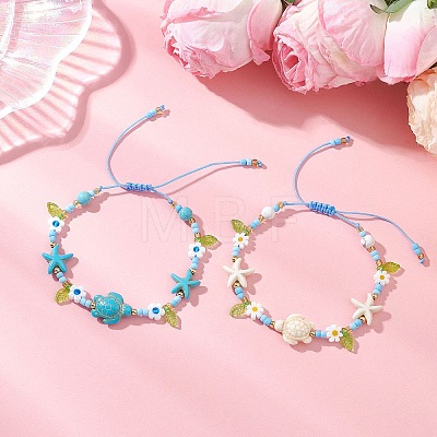 2Pcs 2 Colors Ocean Theme Synthetic Turquoise & Glass Seed Beaded Bracelets BJEW-MZ00305-1