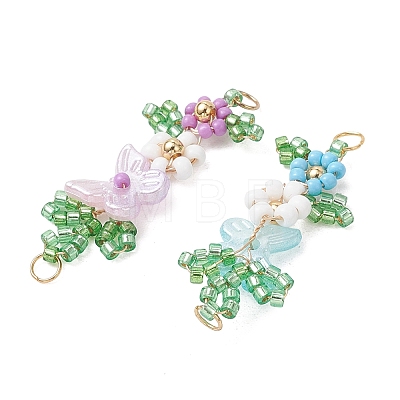 ABS Plastic Imitation Pearl Butterfly and Glass Seed Beaded Flower Links Connector Charms PALLOY-MZ01332-1