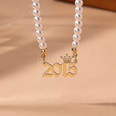 Alloy Crown Birth Year Pendant Imitation Pearl Round White Beaded Necklaces for Women FS-WG173C9-12-1