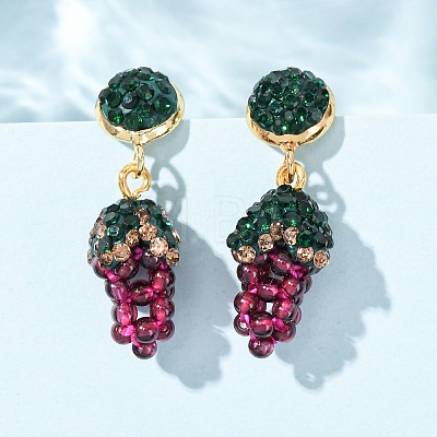 Grape Brass & Polymer Clay Rhinestones Dangle Stud Earrings EJEW-G455-01G-1