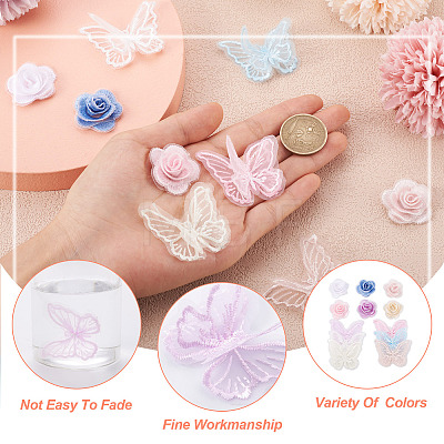 Beadthoven 24Pcs 12 Style 3D Rose Organgza Lace Embroidery & Butterfly Ornament Accessories DIY-BT0001-48-1