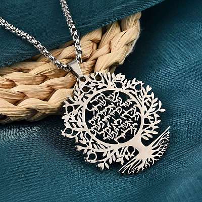 304 Stainless Steel Hollow Tree of Life Pendant Box Chain Necklaces NJEW-M086-04P-1