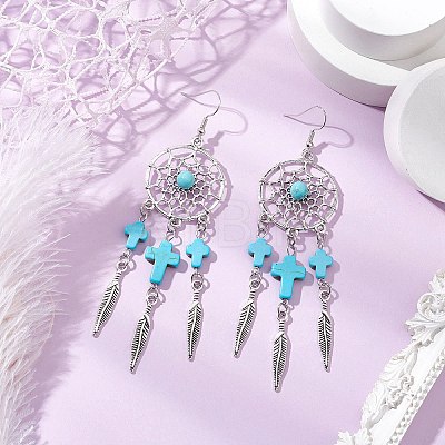 Cross Synthetic Turquoise Dangle Earrings EJEW-JE06330-01-1