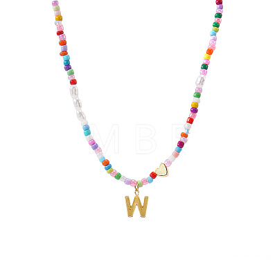 Colorful Beaded Heart Letter Necklace with Pearl Elements Stainless Steel Pendant Jewelry TR2146-23-1