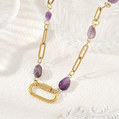 Natural Amethyst Nuggets Beaded Chain Necklaces NJEW-JN06508-01-1