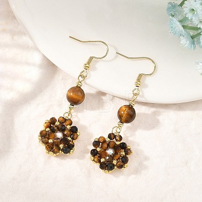 Natural Tiger Eye and Shell Pearl Braided Dangle Earrings EJEW-MZ00789-03-1