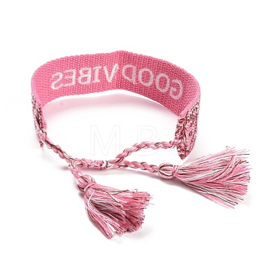 Word Good Vibes Polycotton(Polyester Cotton) Braided Bracelet with Tassel Charm BJEW-F429-02-1