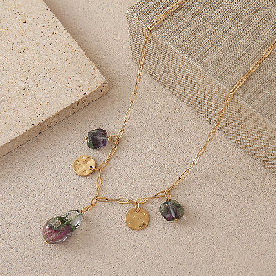 European Style Nuggets Glass & Stainless Steel Coin Pendant Paperclip Chain Necklaces for Women TV7239-3-1