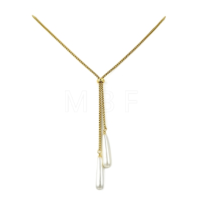 Adjustable Electroplate Shell Pearl Teardrop Tassel 304 Stainless Steel Box Chain Slider Lariat Necklaces for Women NJEW-JN06021-1