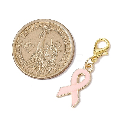 Pink Awareness Ribbon Shape Alloy Enamel Pendant Decorations HJEW-JM02287-1