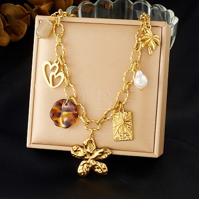 304 Stainless Steel Flower Heart Tree & Plastic Pearl & Resin Disc Multi-Charm Bib Necklaces for Women WG8B7B1-01-1