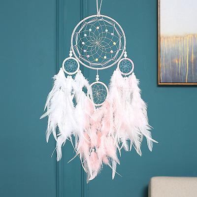 Girl's Heart Iron Ring Woven Net/Web with Feather Wall Hanging Decoration PW-WG22127-01-1