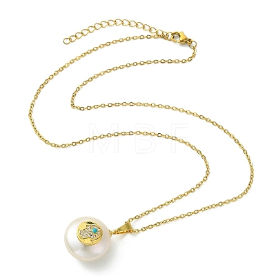 Natural Cultured Freshwater Pearl Coin with Hamsa Hand Pendant 304 Stainless Steel Cable Chain Necklaces for Women NJEW-JN06119-1