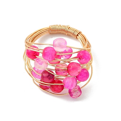 5Pcs Copper Wire Wrapped Dyed & Heated Natural Agate Round Bead Finger Rings RJEW-JR01034-1