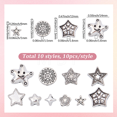 100Pcs 10 Styles Tibetan Style Alloy Beads FIND-BM0001-54-1