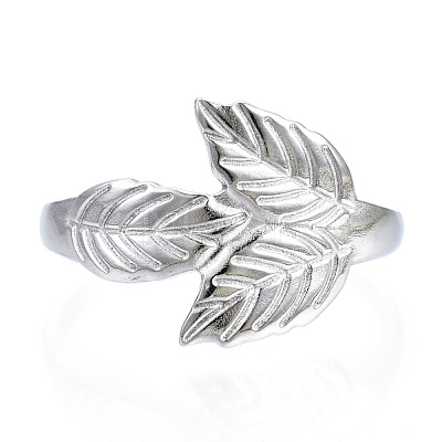 304 Stainless Steel Leaf Open Cuff Ring for Women RJEW-N040-26-1
