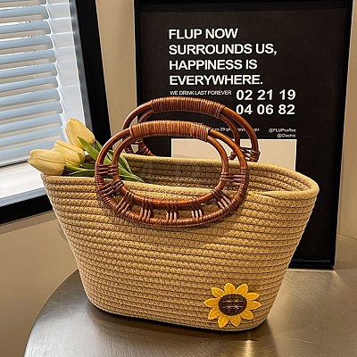 Flower Patchwork Woven Pattern Handheld Basket Bag PW-WG44119-02-1