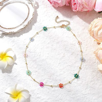 Brass & Glass Colorful Flower Link Chain Necklaces for Women NJEW-JN05454-1