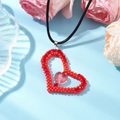 Valentine's Day Glass Seed Beads Beaded Heart Pendant Necklaces NJEW-MZ00079-02-1